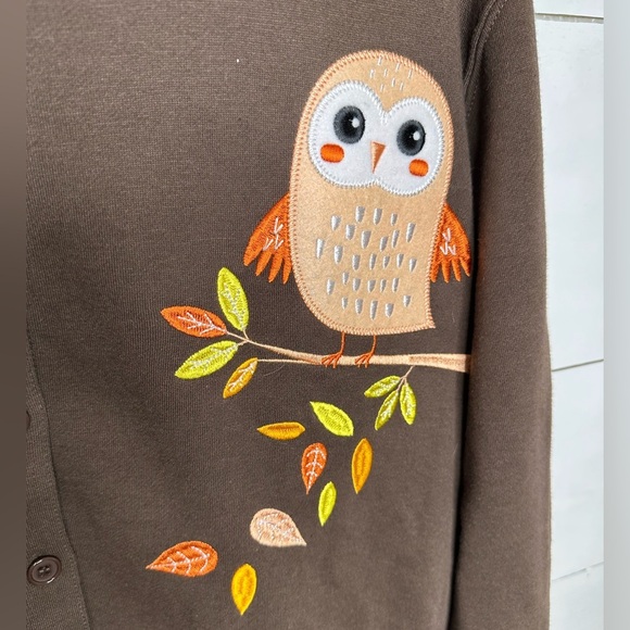 Rebecca Malone Brown Owl Embroidered Button Up Y2K Comfort Sweatshirt - Size XL - Picture 4 of 8